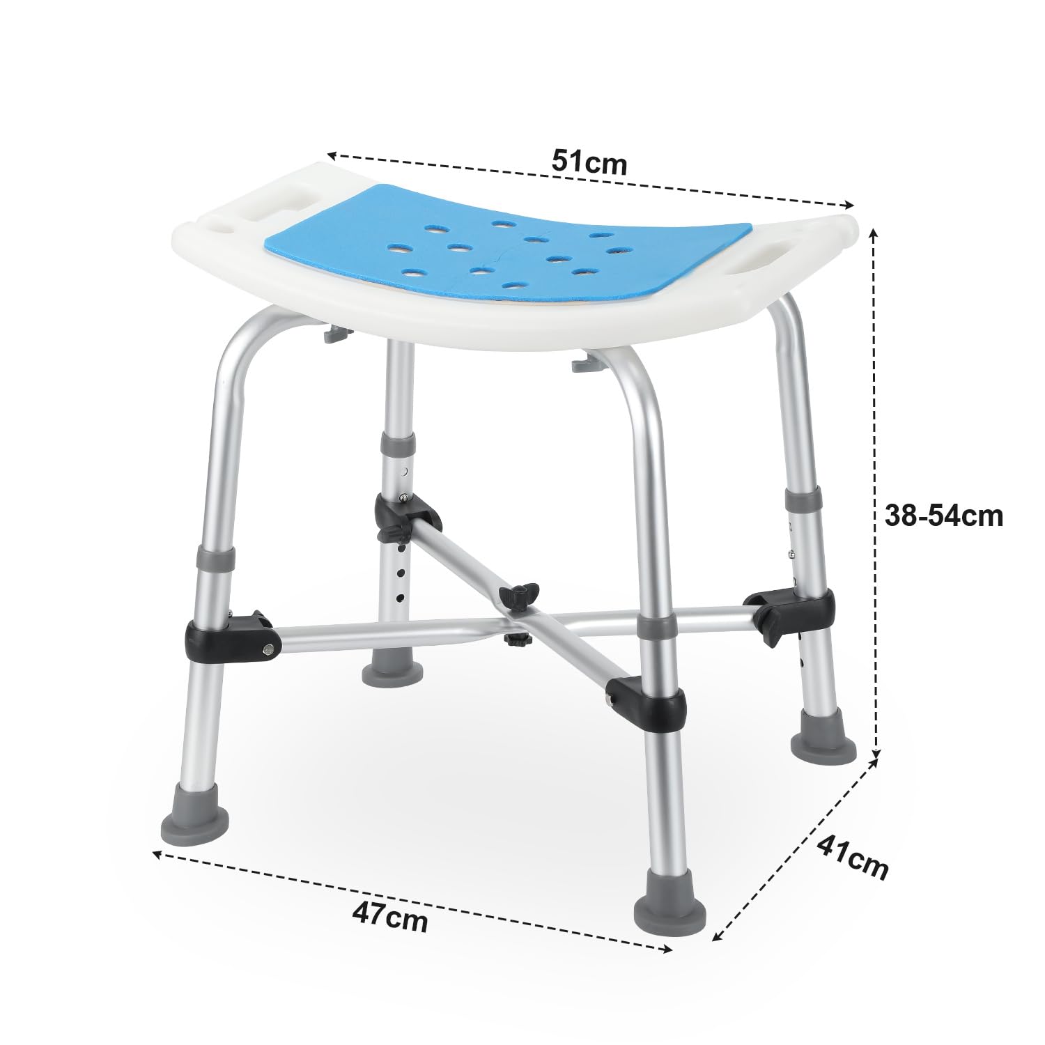 Taboret prysznicowy, bardzo szeroki, krzesło prysznicowe, z regulacją wysokości do 180 kg, szerokość siedziska 51 cm, siedzisko z poduszkami do siedzenia, podwójne poprzeczne wsporniki i