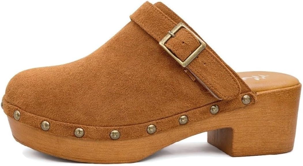 TruFox Women's Clogs Faux Wood Heel Slip On Mules with Optional Slingback Strap Studded Platform Comfortable Low Heel Mule Clog