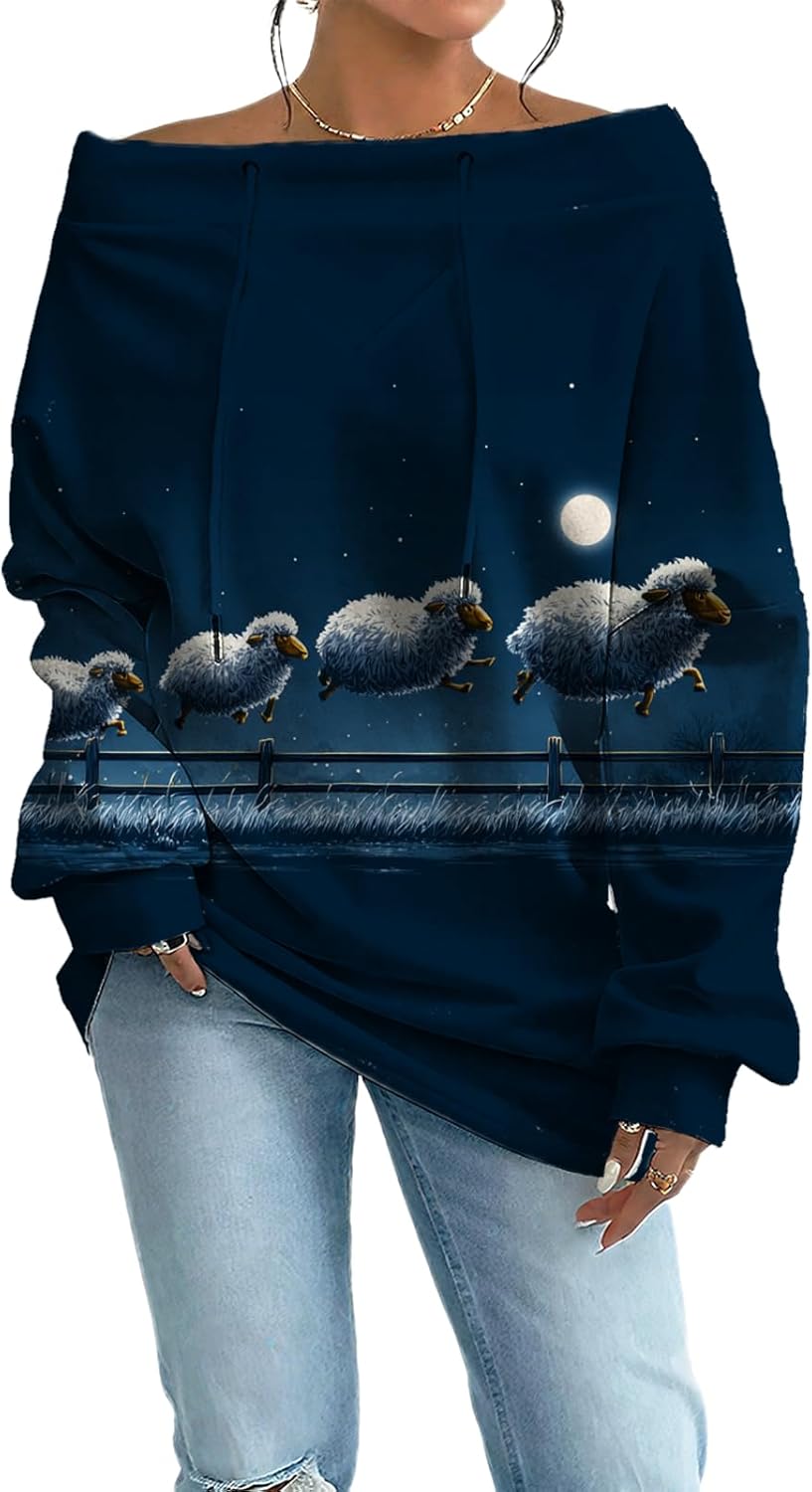 Womens Sweatshirts Floral Print Sexy Off The Shoulder T Shirts Oversized Long Sleeve Pullover Fall Tops