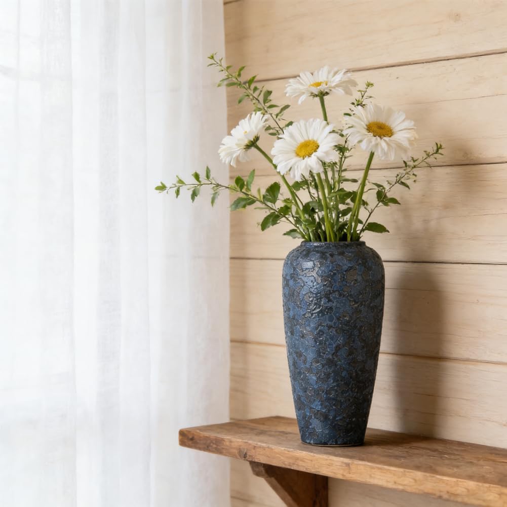 Blue Ceramic Vase, 13" Tall Rustic Terracotta, Blue Pampas Grass Vases, Large Vintage Centerpieces, Pottery for Home Decor, Living Room, Entryway, Table Centerpieces, Kitchen, Housewarming Gifts