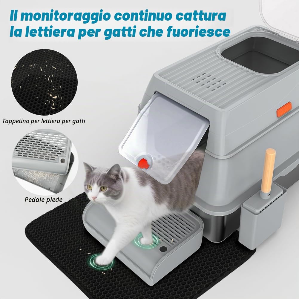 Lettiera per gatti grande XL, in acciaio inox con coperchio, in acciaio inox con coperchio, scatola per gatti chiusi, bordo alto, due ingressi, pala + tappetino + passo pedale, 60 x 40 x 39,5