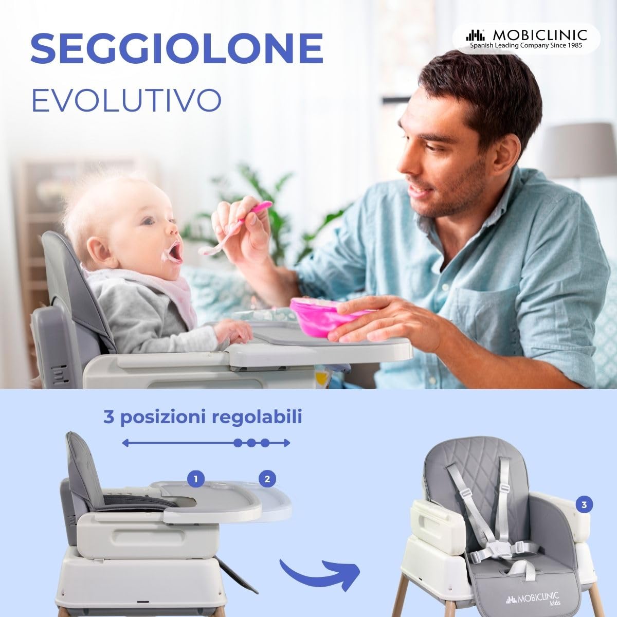 Mobiclinic® kids, Seggiolone pappa evolutivo, 3 in 1, Kiara, + sedia da gioco alto, Pieghevole, Cintura di sicurezza a 5 punti, Vassoio regolabile, 6-36 mesi, Fino 15 kg