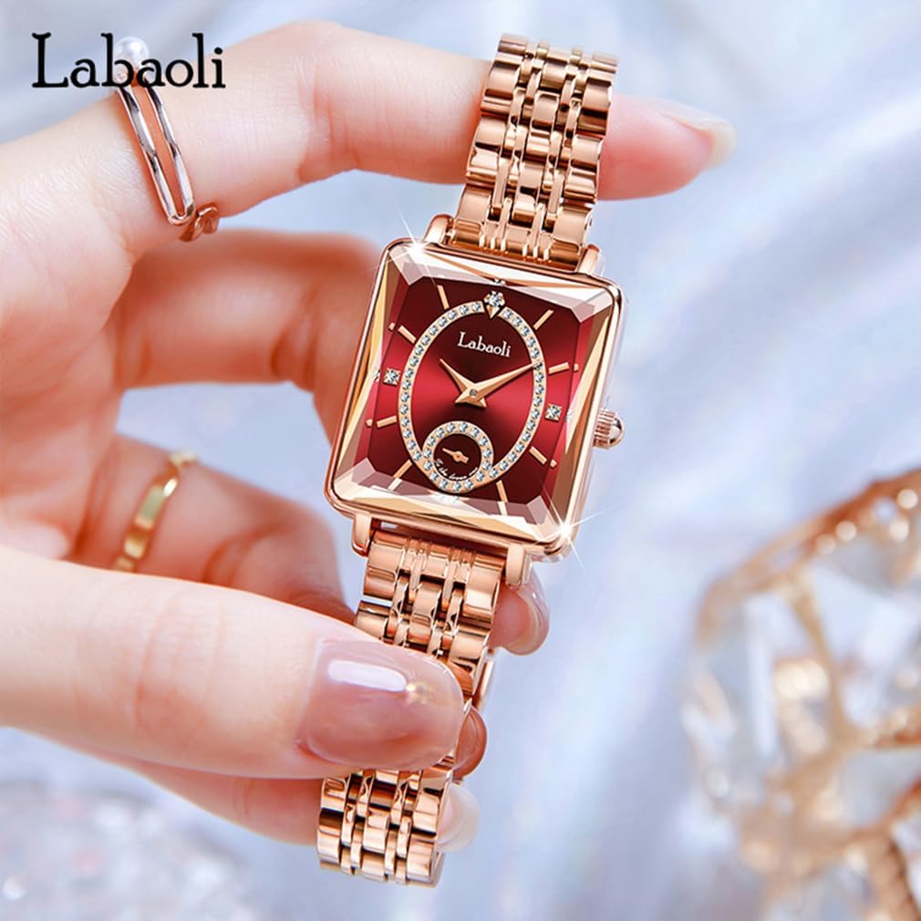 Watches for Women Rose Gold Square Stainless Luxury Fashion Diamond Analog Quartz Waterproof Dress Casual Small Simple Ladies Female Wife Girls Gifts Gold Wrist Watch