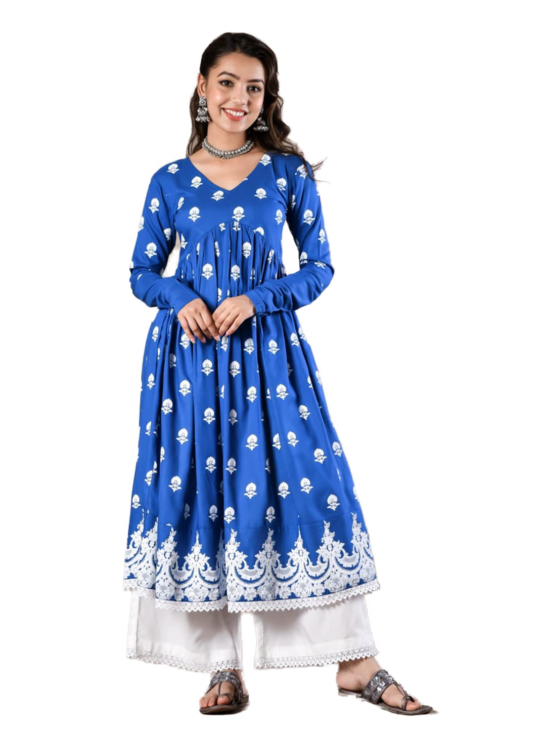 Blue Front Gathered Kurta Pant Set