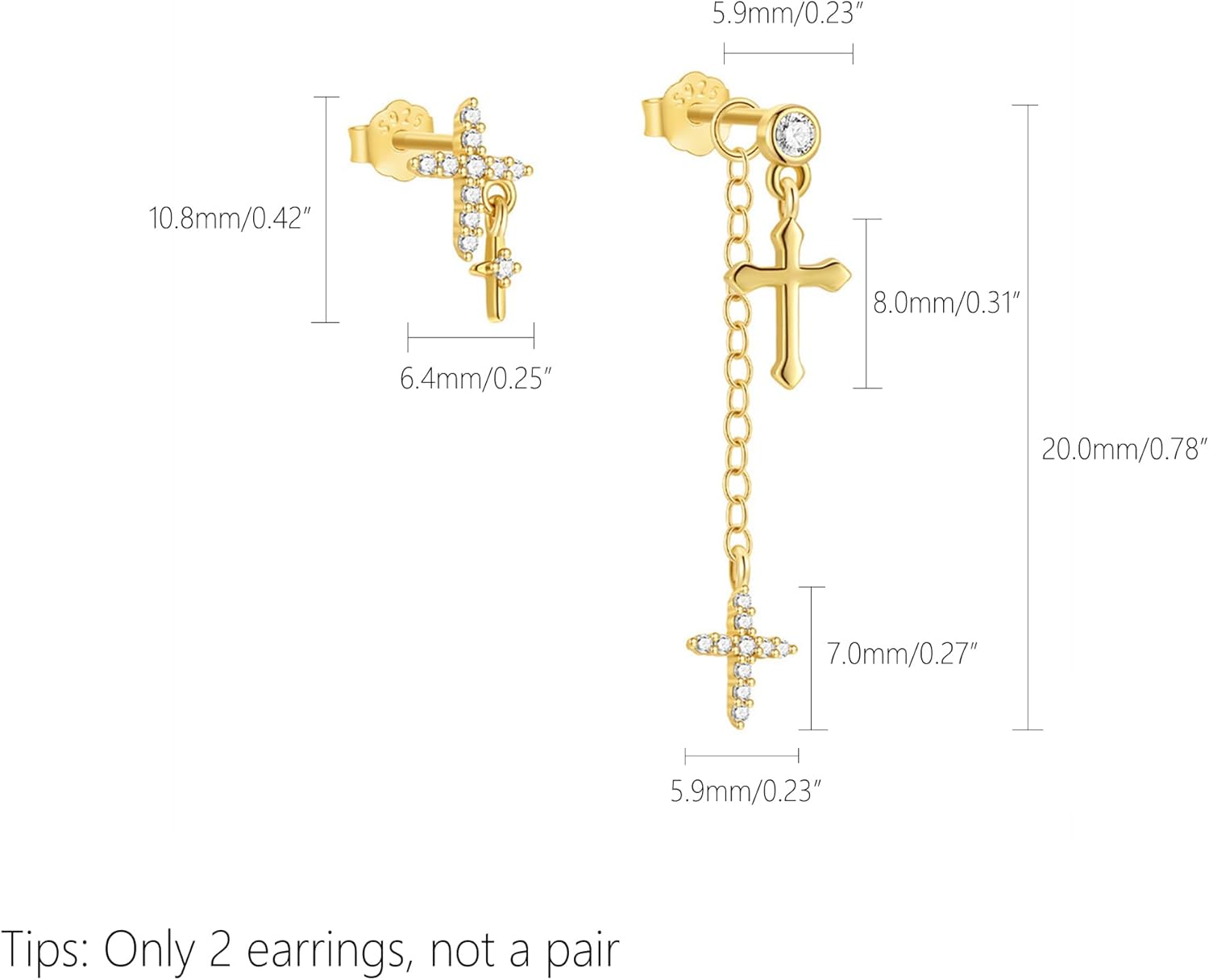 SUYACS 14k Gold Plated Cross Drop Dangle Earrings Set for Women 925 Sterling Silver Cross Chain Stud Earring with Cubic Zirconia Minimalist Faith Christian Cartilage Earring Jewelry Gifts