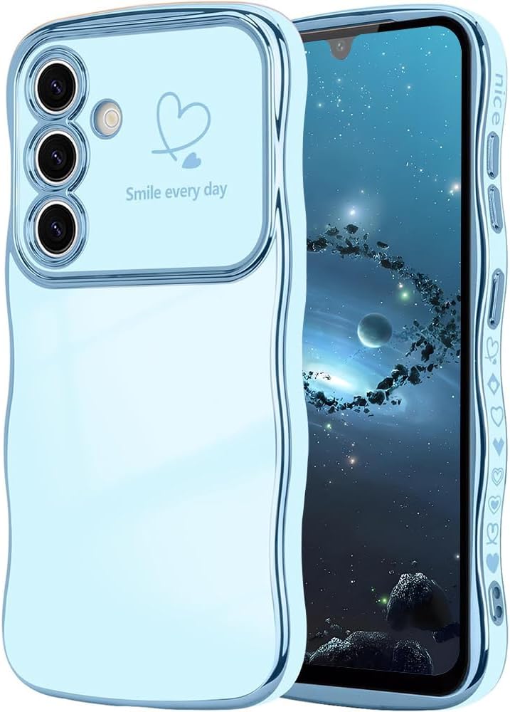 Case for Samsung Galaxy S25 FE 5G, Pattern Case with Love Heart, Curly Wavy Shape, Electroplated TPU Silicone Anti-Shock Protection Case for Samsung S25 FE 5G, Blue