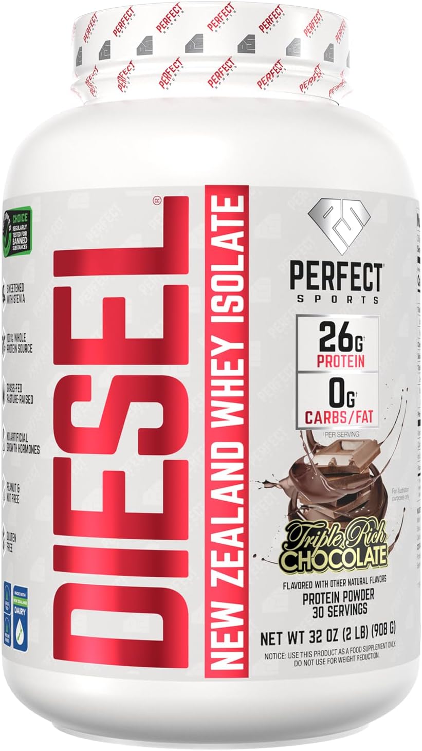 PERFECT SPORTS Diesel 100% New Zealand Whey Protein Isolate | Stevia Sweetened, No Artificial Ingredients, Keto | 0g Carb, 0g Fat, 26g Protein | 2 Pounds (Triple Rich Dark Chocolate)
