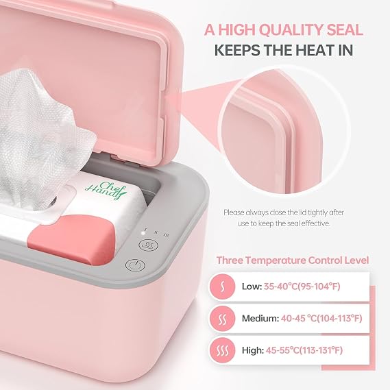 Chefhandy Baby Wipe Warmer, Surround Heating System, 3-Level Temperature Control, Large Capacity Wipes Dispenser, Evenly Warmed Wipes, Diaper Wipe Warmer for Newborns & Adults, Pink