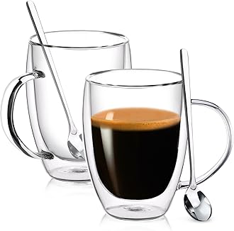 Double Wall Glass Coffee Mugs, 12 Oz Clear Coffee Mugs with Handle, Insulated Glass Coffee Mugs Set of 2, Perfect for Espresso, Cappuccino, Latte, Americano, Tea Bag, Beverage