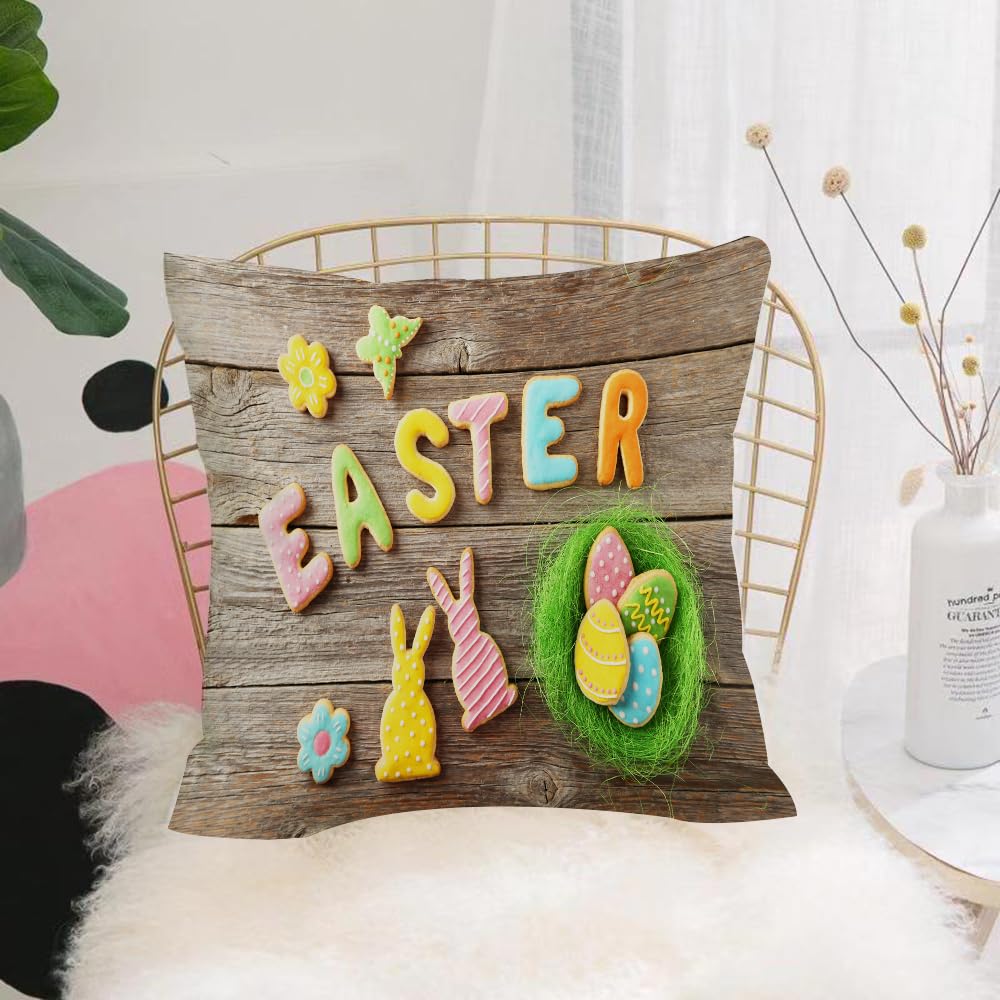 HYOSXW Cushion Cover,Throw Pillow Case Home Decorative for Living Room Bedroom Sofa Chair 16X16 Inch,Colorful easter cookies on grey wooden background,Pillowcase 40X40cm