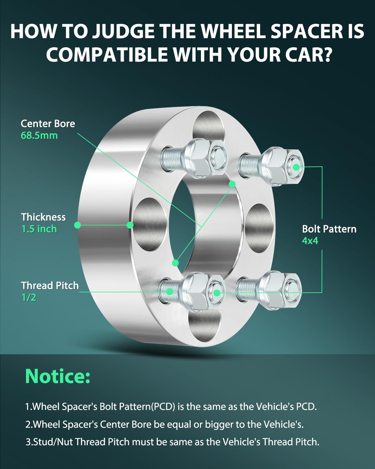 SCITOO 4PCS 4x101.6mm 1.5 inch Wheel Spacers Adapters 4x4 4 Lug 68.5mm 1/2" Studs fits for EZ GO EZGO Club Car for Golf Cart SmartPartsCo