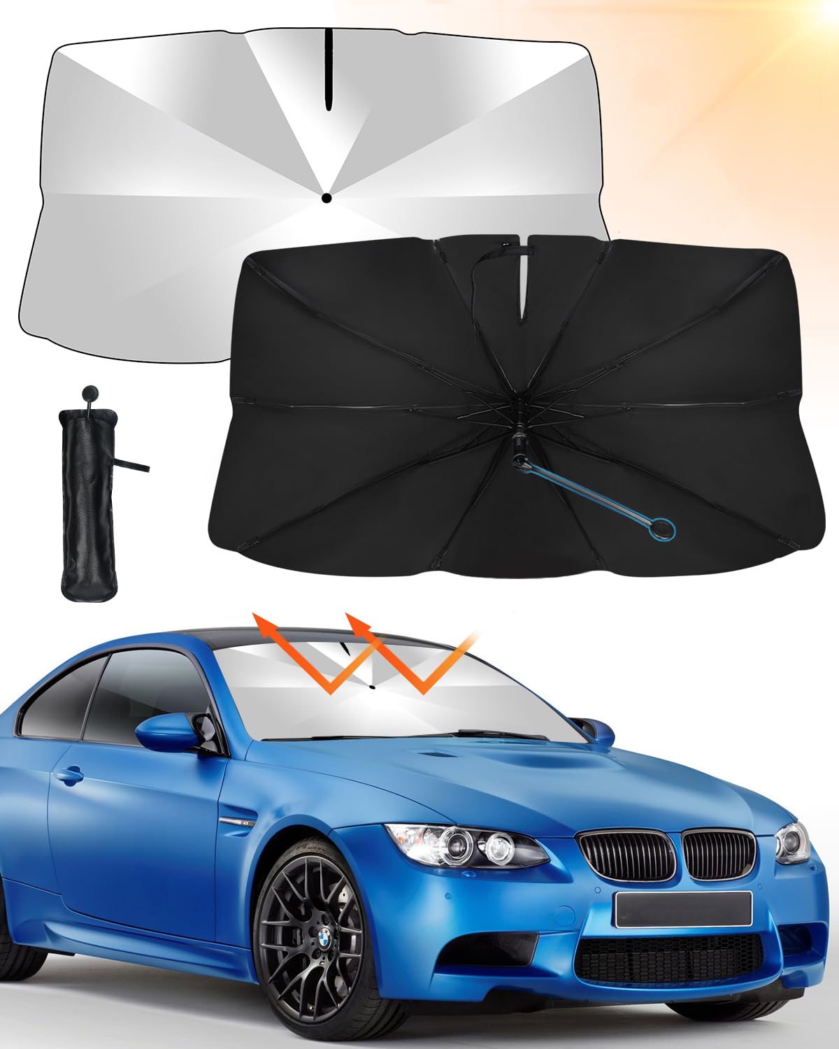 GEEKEO Parasol Paraguas para Parabrisas Delantero de Coche, Parasol Plegable para Parabrisas Delantero de Coche Protección UV, Adaptable a la Mayoría de Coches, SUV, MPV, Camiones (M(135 * 73 CM))