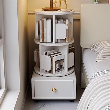 2/3 Tier Rotating Bookshelf Tower with Storage Drawers, Book Shelf Side Table with Rolling Wheels for Narrow Space, Spinning Bookshelf Tower for Home Office, Study Room,A,33.5 * 16.5 * 16.5in