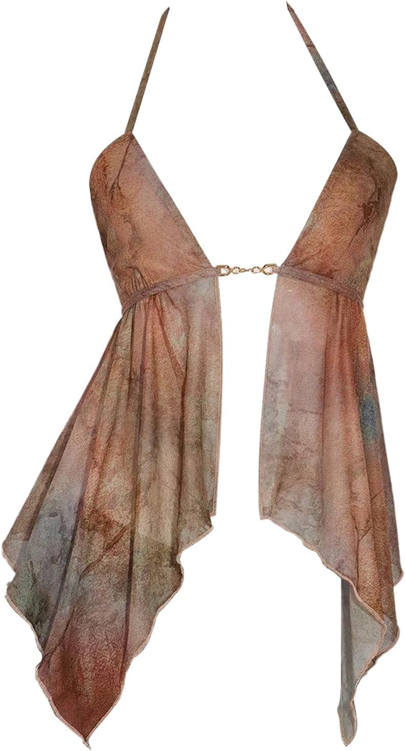 MakeMeChic Women's Summer Party Y2K Mesh Sheer Tie Dye Halter Cami Top Open Back Ruffle Crop Tops