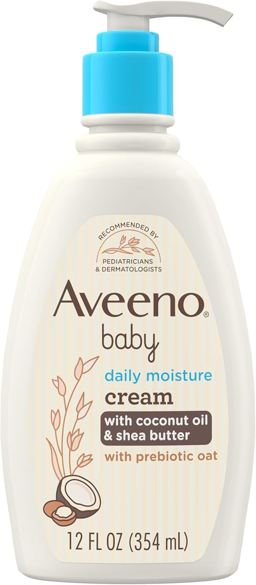 Aveeno Baby Crema hidratante diaria, aroma a coco, 12 onzas líquidas | Loción para bebé formulada con aceite de coco y manteca de karité, hidrata durante 24 horas, adecuada para pieles sensibles
