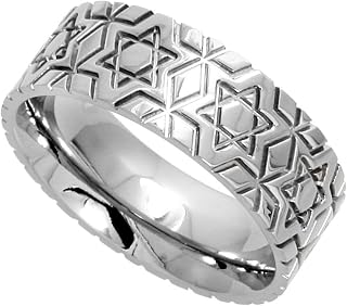 Surgical Stainless Steel 8mm Wedding Band Ring Star of David Pattern Comfort-Fit Sizes 6-14