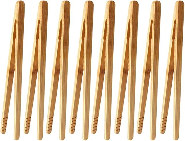 nuoshen 8 pcs Bamboo Tongs, 17.5 cm/6.9 inch Toaster Tongs for Cooking Toast Bread Pickles Tea Bamboo Kitchen Tongs