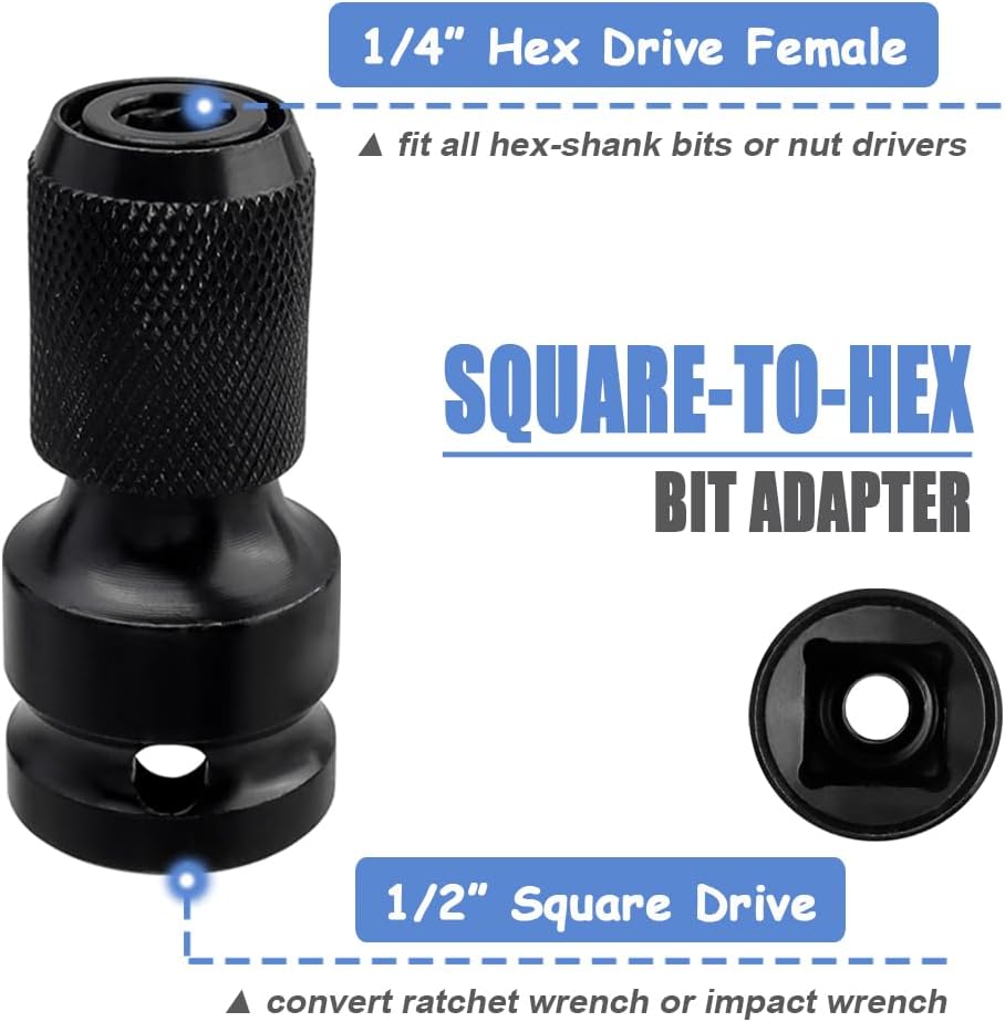 Mesee 1/2-Inch Square Drive to 1/4-Inch Hex Female Socket Adapter Quick Release Drill Chuck Converter Screwdriver Bit Chucks Adaptor Conversion for Impact and Ratchet Wrench, Set of 2 Pieces