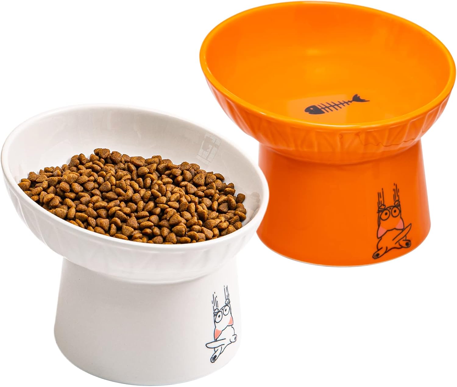 6.5 Inch Extra Wide Ceramic Raised Cat Bowl Set, Tilted