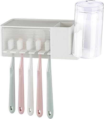 Soporte de pared para cepillos de dientes con 5 ranuras con tapa, organizador de almacenamiento de cepillos de dientes autoadhesivo para ducha,