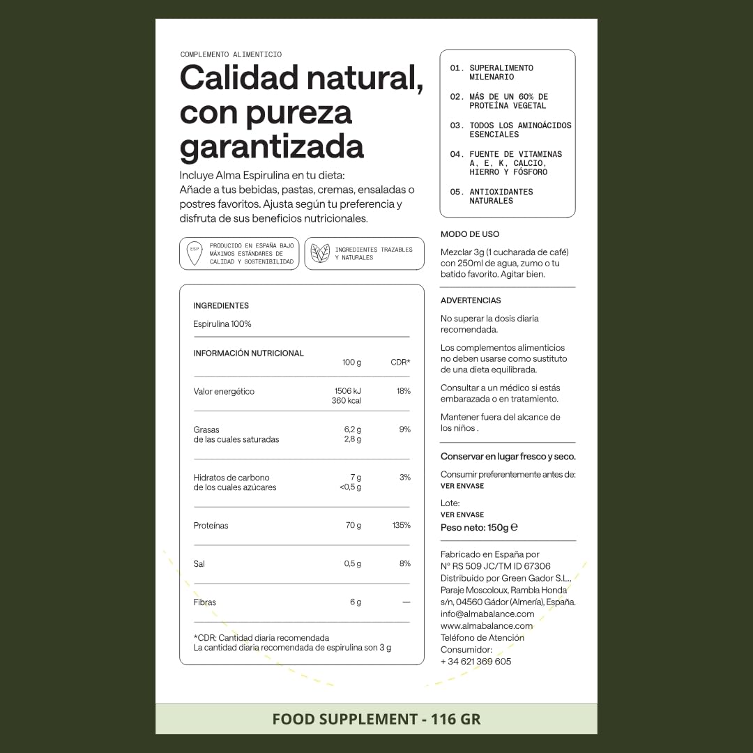 ALMA® Espirulina en Polvo 116 g | 100% Pura (Ingrediente Único) | Spirulina Vegana, Sin Gluten, Sin Azúcares Añadidos y Hecha en España | Superalimento Verde para agua, Zumos y Batidos