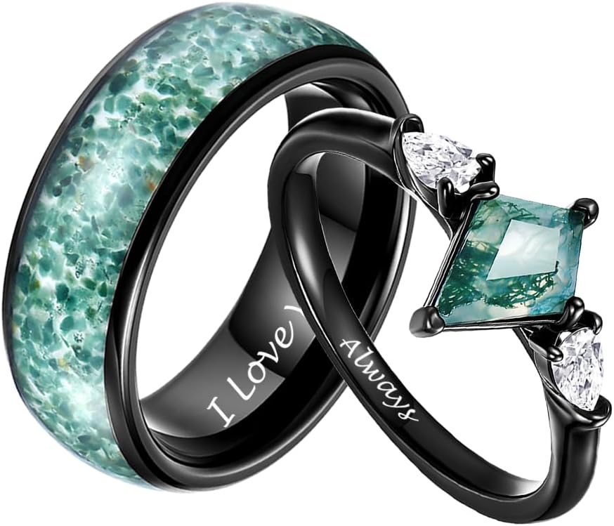 Custom Moss Agate Couples Rings - Engraved Black Wedding Ring Set, Nature Promise Rings - Personalized Kite-Cut Matching Rings for Couples