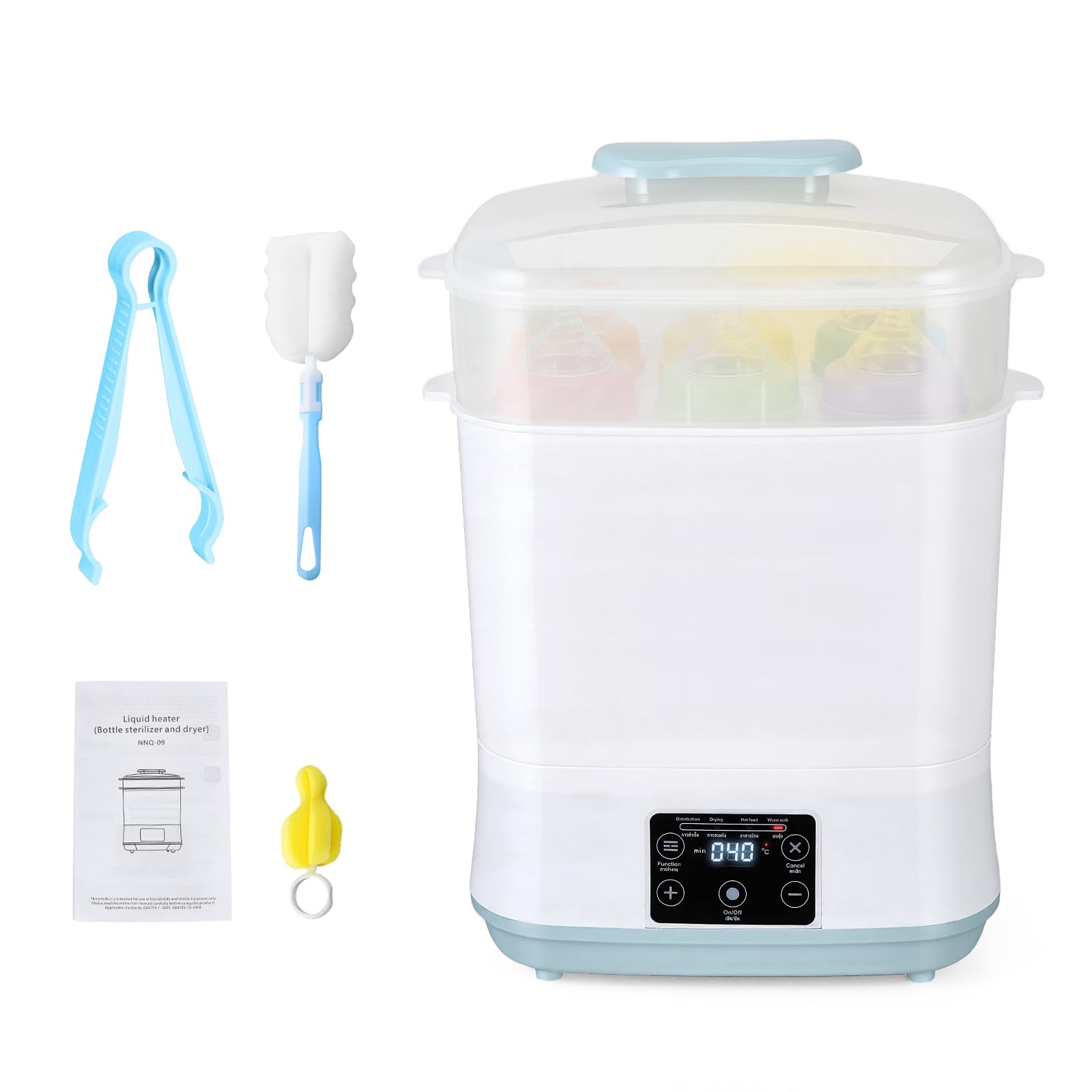 5-in-1-Sterilisator und Babyflaschentrockner, elektrischer Dampf-Sterilisator, Reinigungswerkzeug-Set, 2 Stufen für Flaschen, Schnuller und Milchpumpen-Zubehör, Weiß