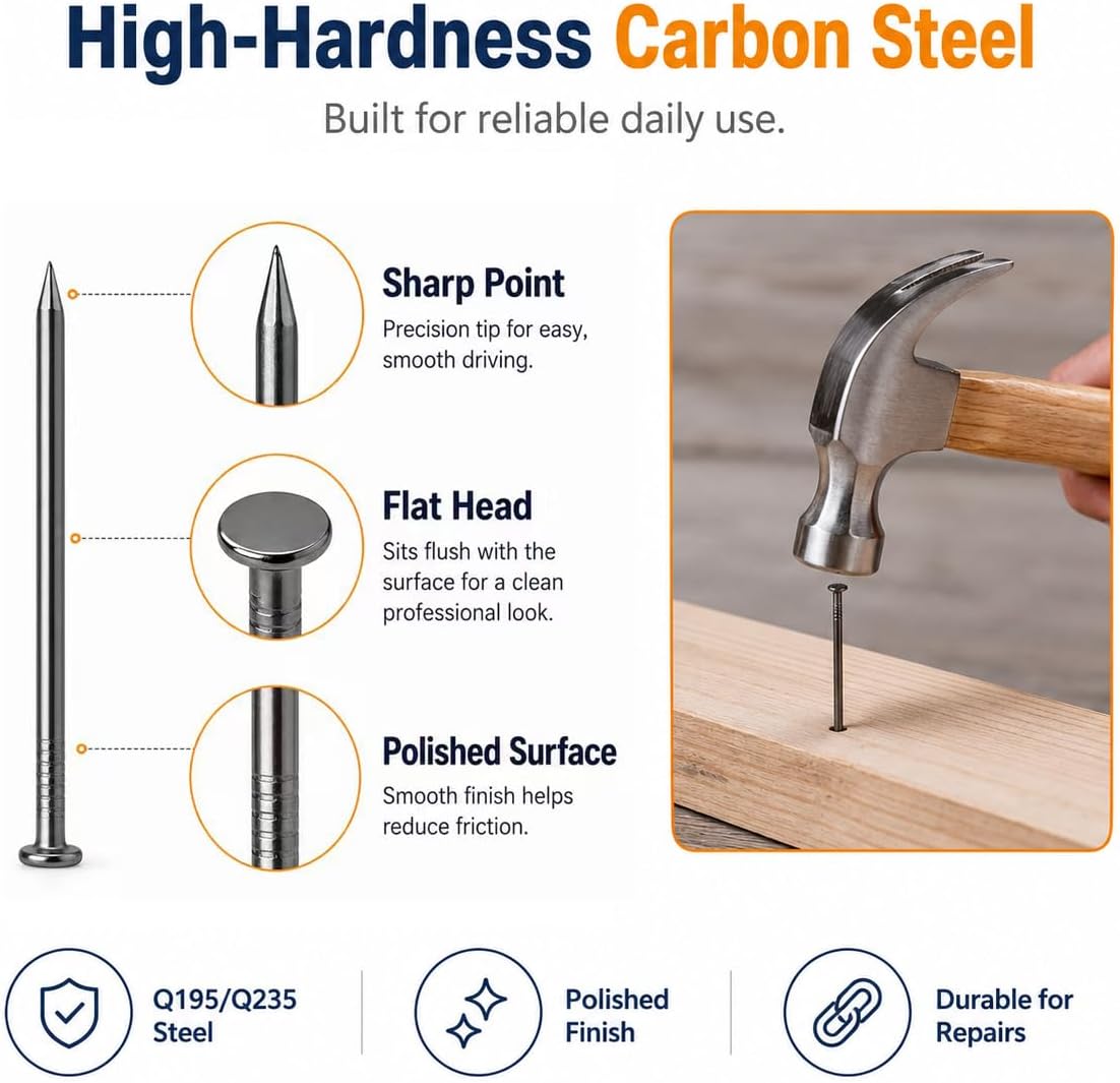 540PCS Stainless Steel Nails Kit, Hanging Nails & Wall Nails Assortment, Finish Nails, Wood Nails， Furniture Repair, Woodworking