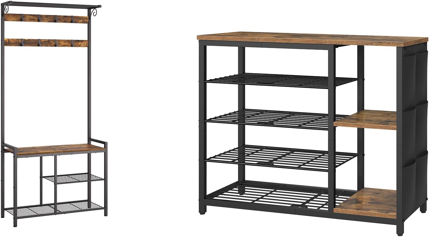 Coat Rack Shoe Bench, 4-in-1 Hall Tree with Storage Shelves and Hanging Rod, Industrial 5-Tier Shoe Rack, MT12BR-SS84BR