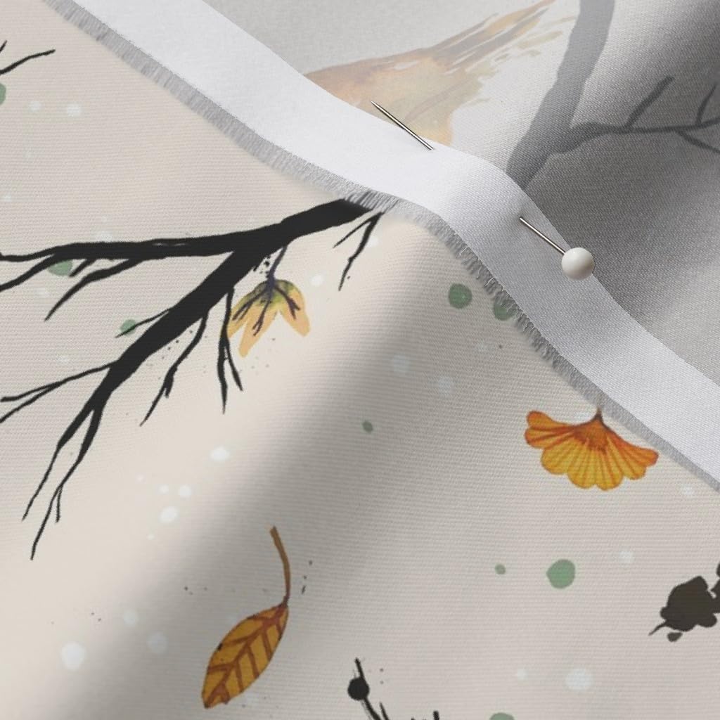 Spoonflower Fabric - Bird Branches Autumn Beige Cute Birds Woodland Animals Winter Printed on Organic Cotton Sateen Fabric by The Yard - Sewing Quilting Apparel Home Decor