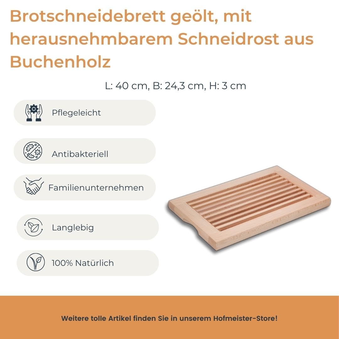 HOFMEISTER® Brotschneidebrett Holz, 40 cm, herausnehmbarere Auffangschale, aus Europa, Schneideunterlage mit Krümelgitter, Buche, stabiles Schneiden, Schneidbrett mit Schublade