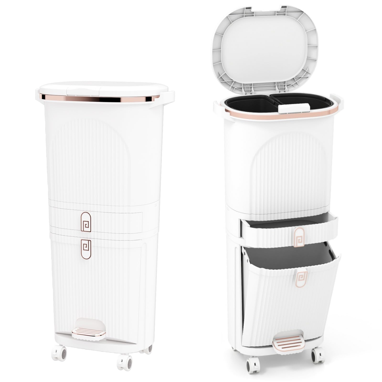 LIFEZEAL 38L / 42L Cubo de basura con ruedas, papelera con 3 compartimentos y tapa, cubo de basura con pedal y asa, contenedor de basura para cocina, sala de estar y oficina (42L, Blanco)