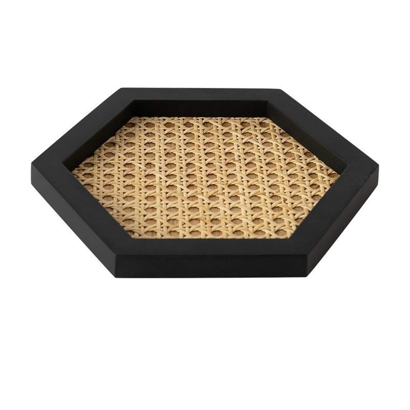 Home simple Japanese style wooden tray perfume jewelry storage tray solid wood frame bamboo rattan decorative tray (Color : Black hexagon)