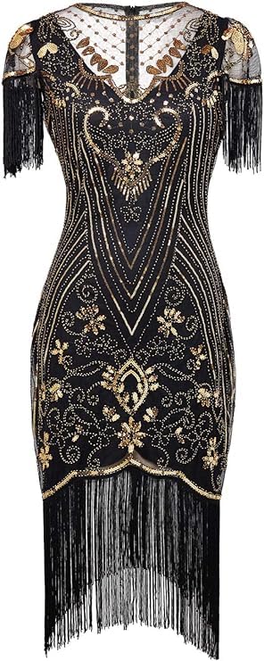 Image of 867 - Plus Size 1920s Vintage Fringed Sleeves Gatsby Sequin Tassels Hem Flapper Party Prom Cocktail Concert Dress