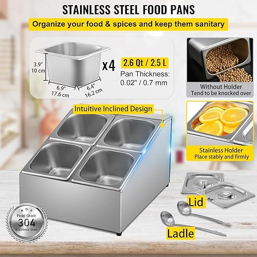 Miniatura 4 de Estante de acero inoxidable para especias con dos filas, cuatro bandejas de 1/6, cuatro cucharones, soporte inclinado para encimera para uso en