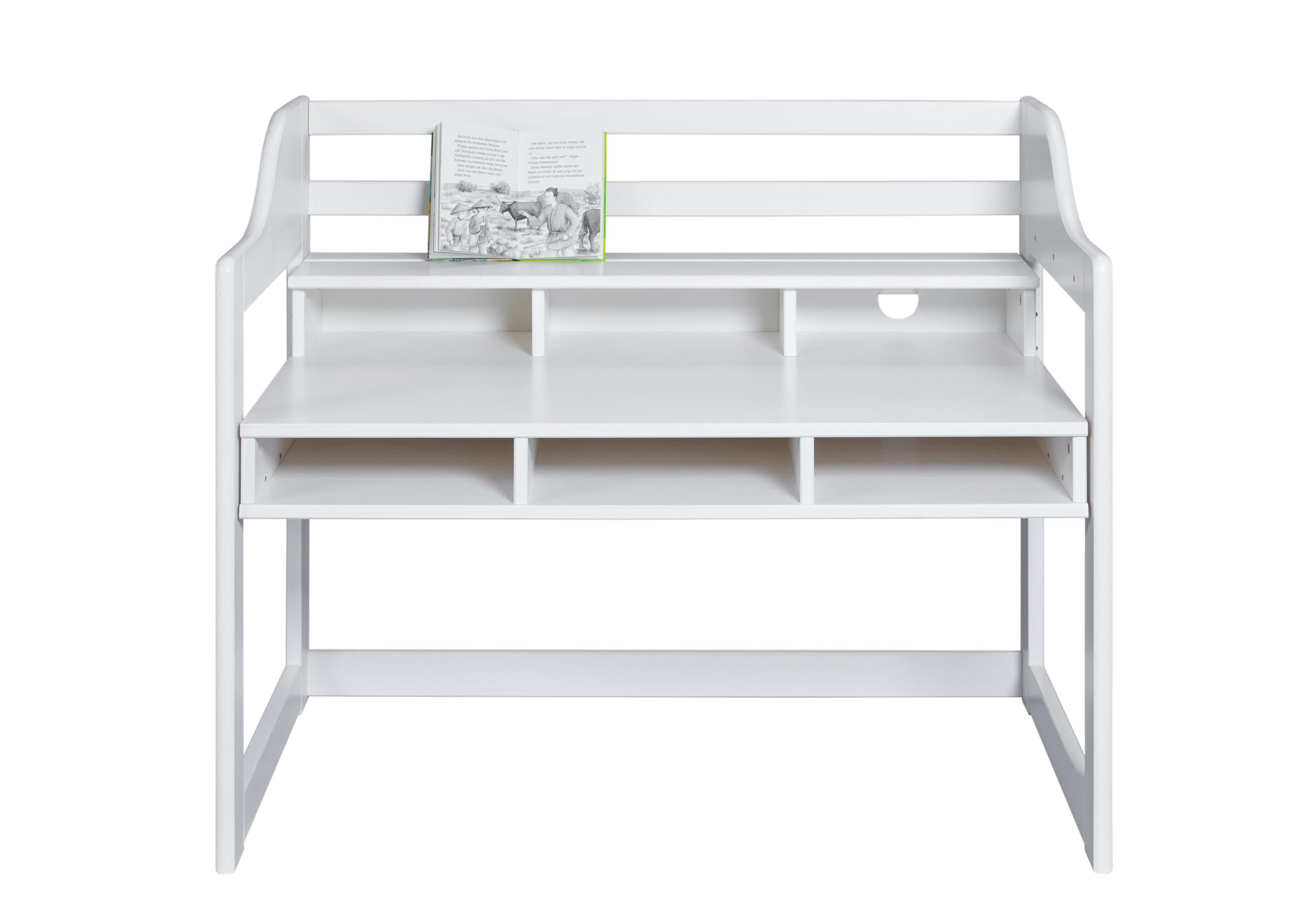 Inter Link - Kinderschreibtisch - Höhenverstellbar - Mitwachsend - Ergonomischer - Jugendzimmer - 6 Fächer - Viel Stauraum - Weiß - Kiefer Massivholz - Kids Learning