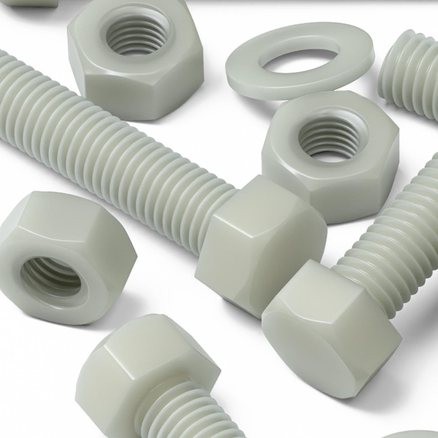 20x Viti a testa esagonale naturali in nylon PA66+GF M8 x 50 mm + dadi | Chiave o bussola afferrano la testa esagonale, che resta rialzata per svitarla in seguito.
