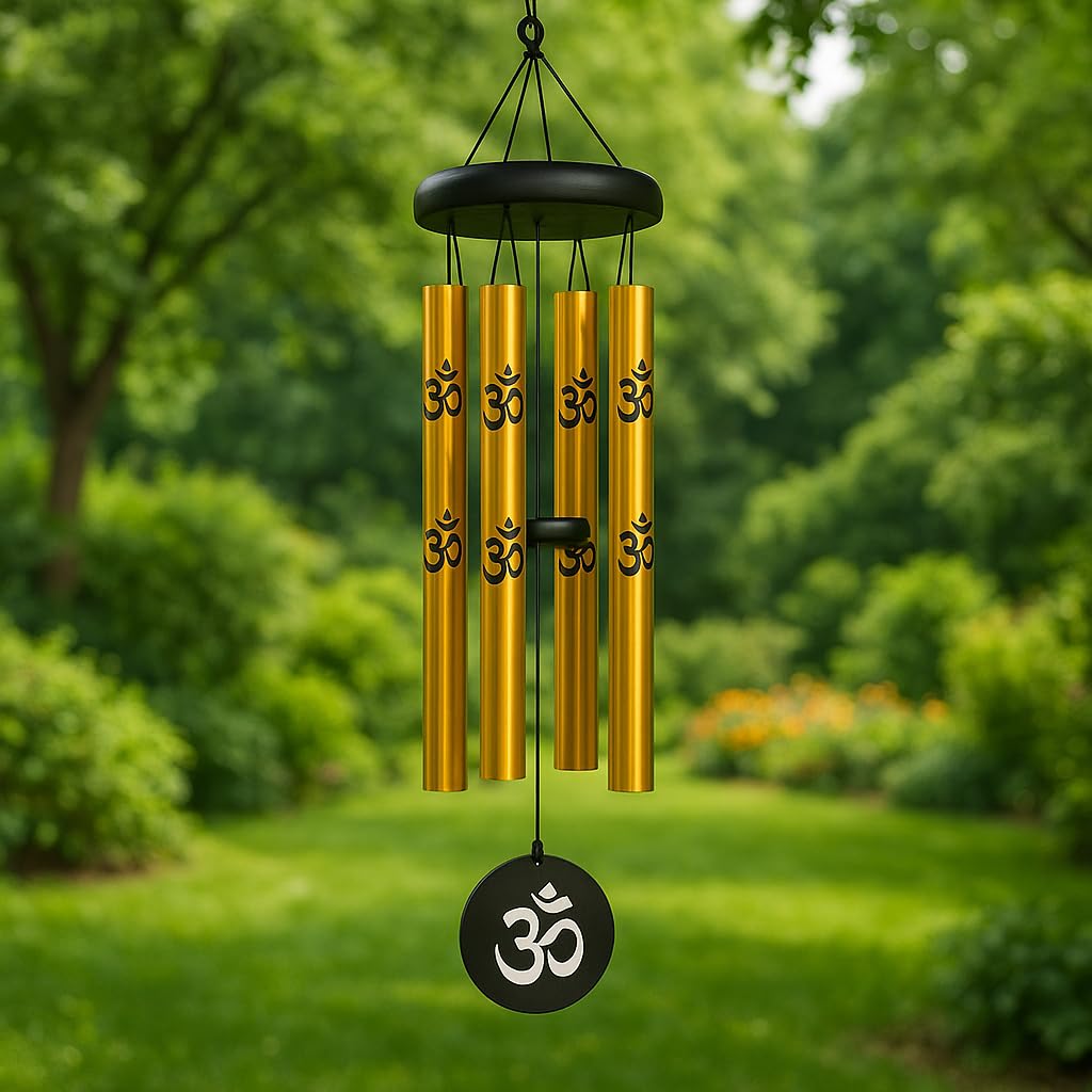 LUVAE Wind Chime for Home & Balcony – 5 Pipe Metal OM Bells (Pack of 2) | Positive Energy Hanging Décor for Meditation, Vastu, Gift & Living Room (Gold)-image-13
