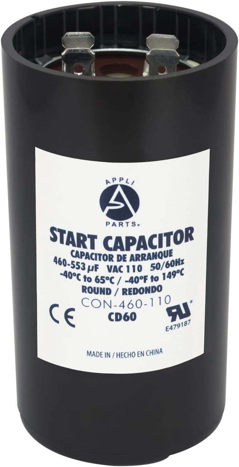Appli Parts Motor Start Capacitor 460-553 Mfd (microfarads) uF 110-125 VAC Universal fit for Electric Motor Applications 1-3/4 in Wide 3-3/8 in Height CON-460-110