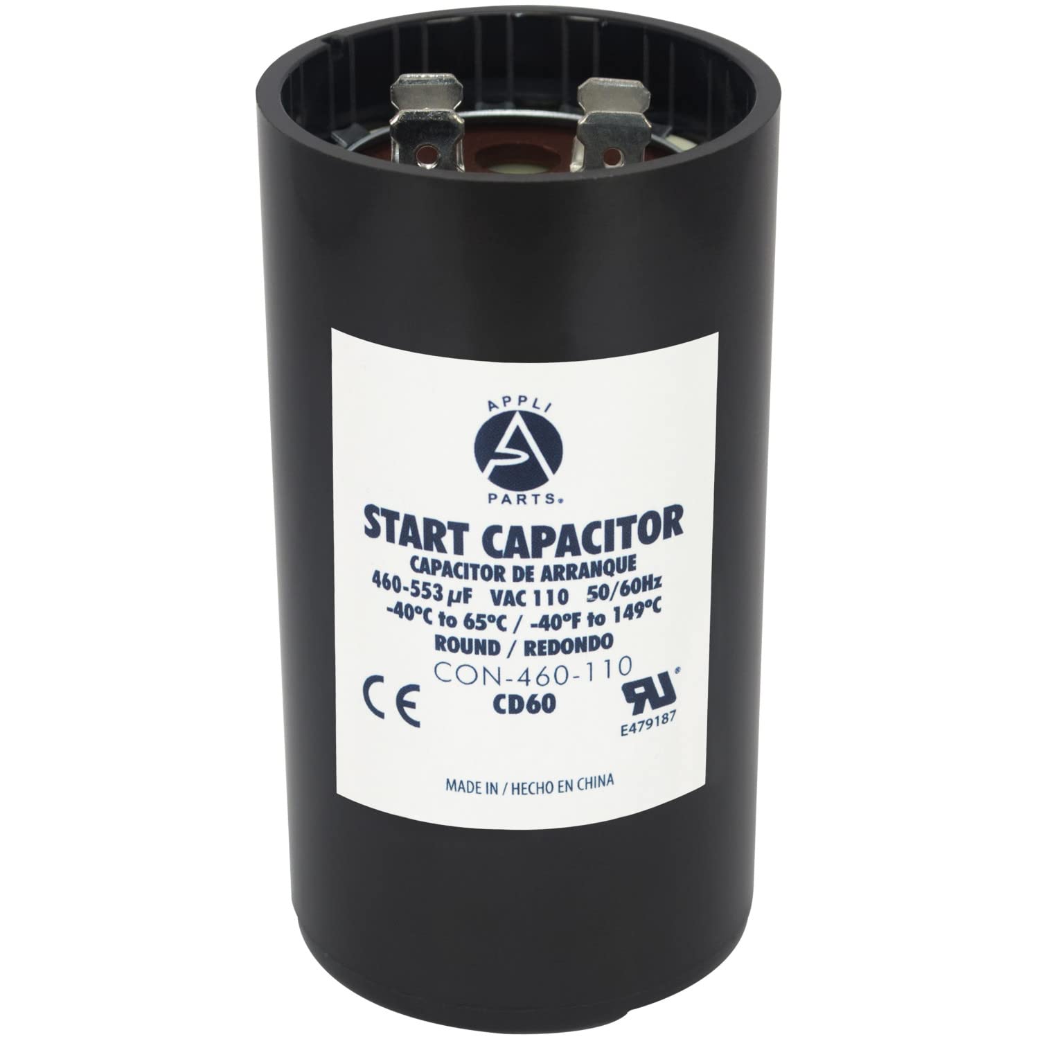 Appli Parts Motor Start Capacitor 460-553 Mfd (microfarads) uF 110-125 VAC Universal fit for Electric Motor Applications 1-3/4 in Wide 3-3/8 in Height CON-460-110