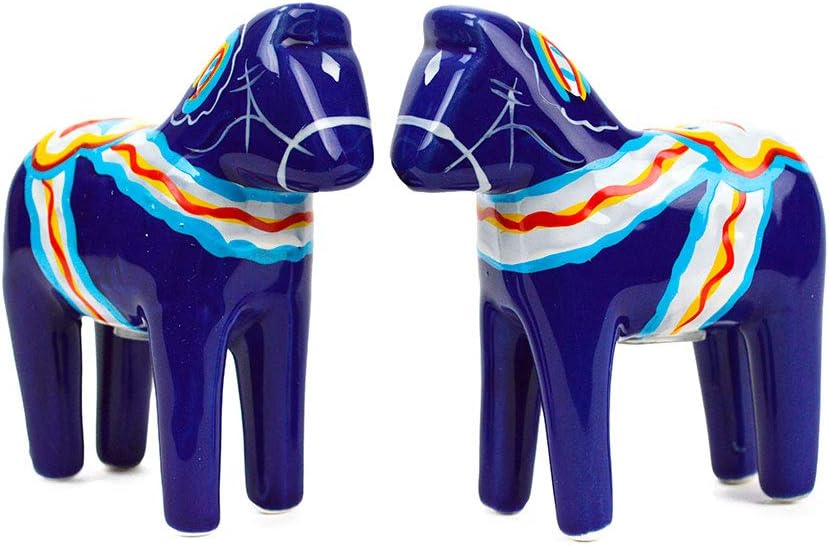ScandinavianGiftOutlet - Salt and Pepper Shakers - 3.25" Ceramic Dala Horse - Blue Swedish Theme - Kitchen Accessories - Scandinavian Home Decor Novelty Salt & Pepper Set