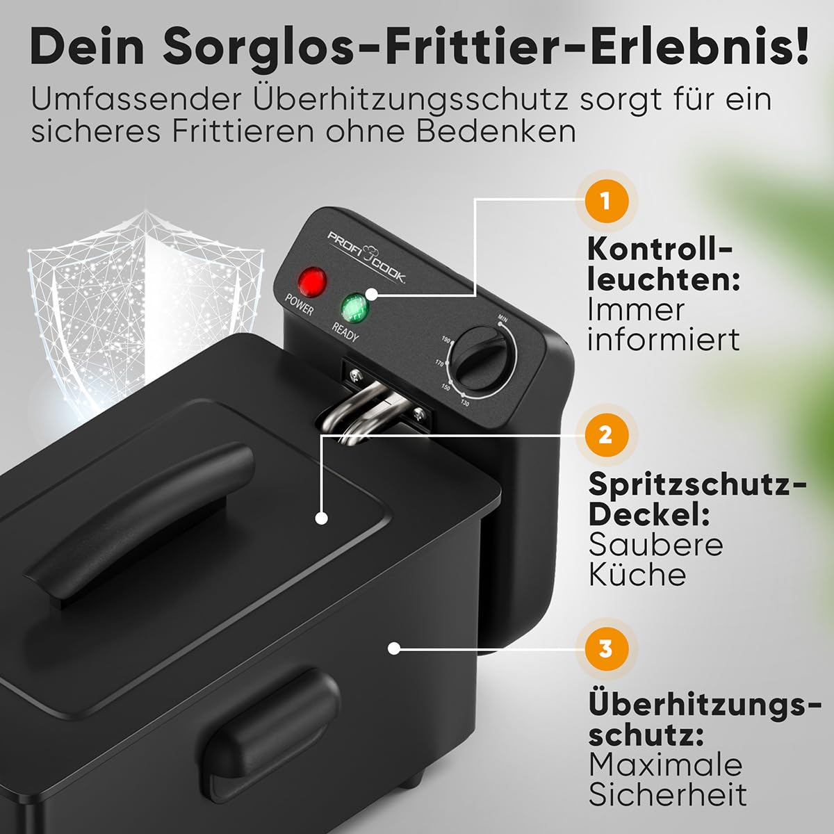 ProfiCook® Friteuse mit Fett | 130-190°C | Fritteuse mit Öl | 2000W | 3L | spülmaschinengeeignete Teile | Spritzschutz-Deckel | Kaltzonen-Fritöse | komplett zerlegbar | PC FR 1325