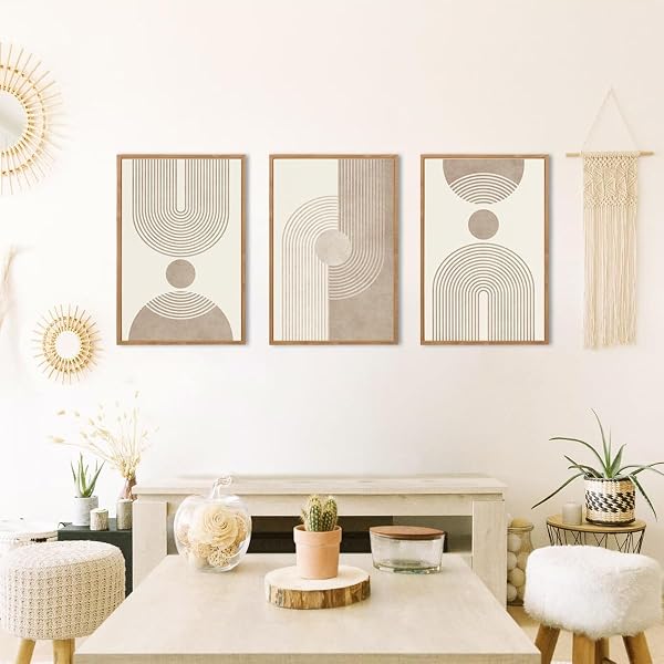 BINCUE Boho Abstrakte Wandkunst,beige braun neutrale Leinwand Wandbilder Rahmen,Moderne Wohnzimmer Wanddekoration,Geometrische Abstrakte Bilder,Moderne Boho Wanddeko Schlafzimmer Büro 30x40cm*3 - 2