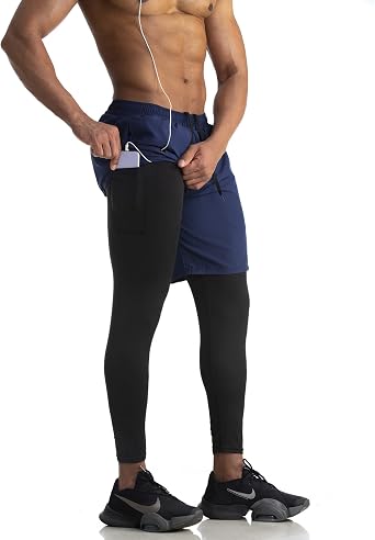2 in 1 Running Pants with Towel Loop - Mens Athletic Compression Gym Pants