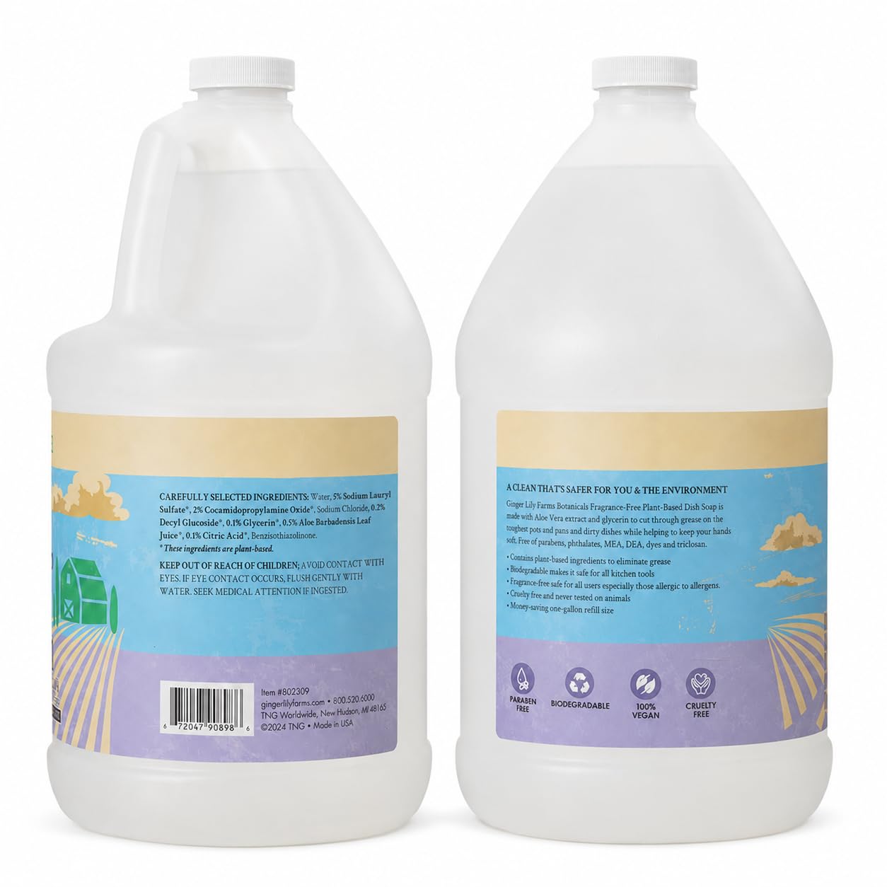 Ginger Lily Farms Botanicals Sapone liquido a base vegetale, formula concentrata con il massimo potere di pulizia dei grassi, senza sperimentazione su animali, senza profumo, ricarica da 1 gallone