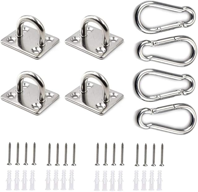 4Pcs M5 304 Stainless Steel Oblong Pad Eye Plate and 4Pcs Carabiner Clips, Marine Hardware Staple Hook Loop With 16 Screws and Plastic Plugs