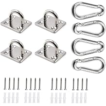 HOMPER 4Pcs M6 304 Stainless Steel Oblong Pad Eye Plate and 4Pcs Carabiner Clips, Marine Hardware Staple Hook Loop With 16 Screws and Plastic Plugs