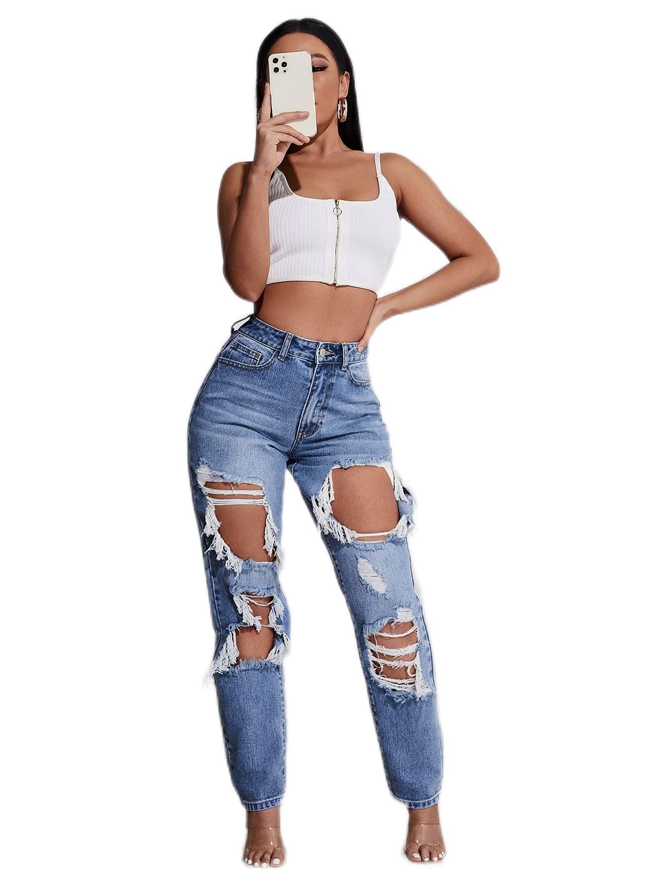 Jeans for Women High Waist Light Washed Ripped Straight Jeans Jeans for Women (Color : Medium Wash, Size : W29 L32)