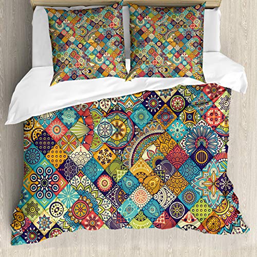 ABAKUHAUS Bohemio Funda Nórdica, Cuadros Folk, Decorativo, 3 Piezas con 2 Fundas de Almohada, 200 cm x 200 cm, Turquesa Rojo Marrón