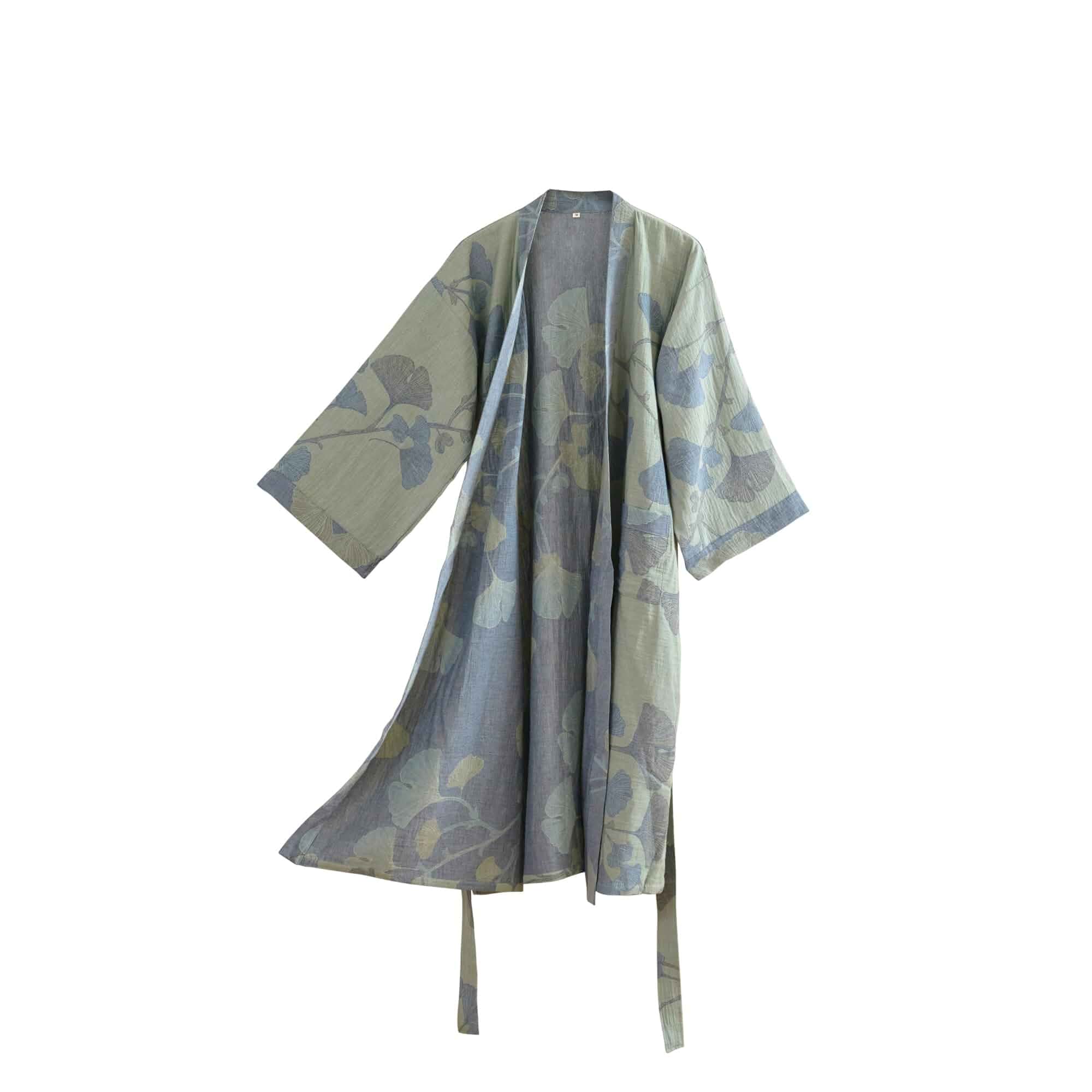 Purefair 100% Cotton Gauze Ginkgo Leaf Kimono Robe, Long Knit Loose Bathrobe Nightgown Ladies Loungewear Sleepwear for Women